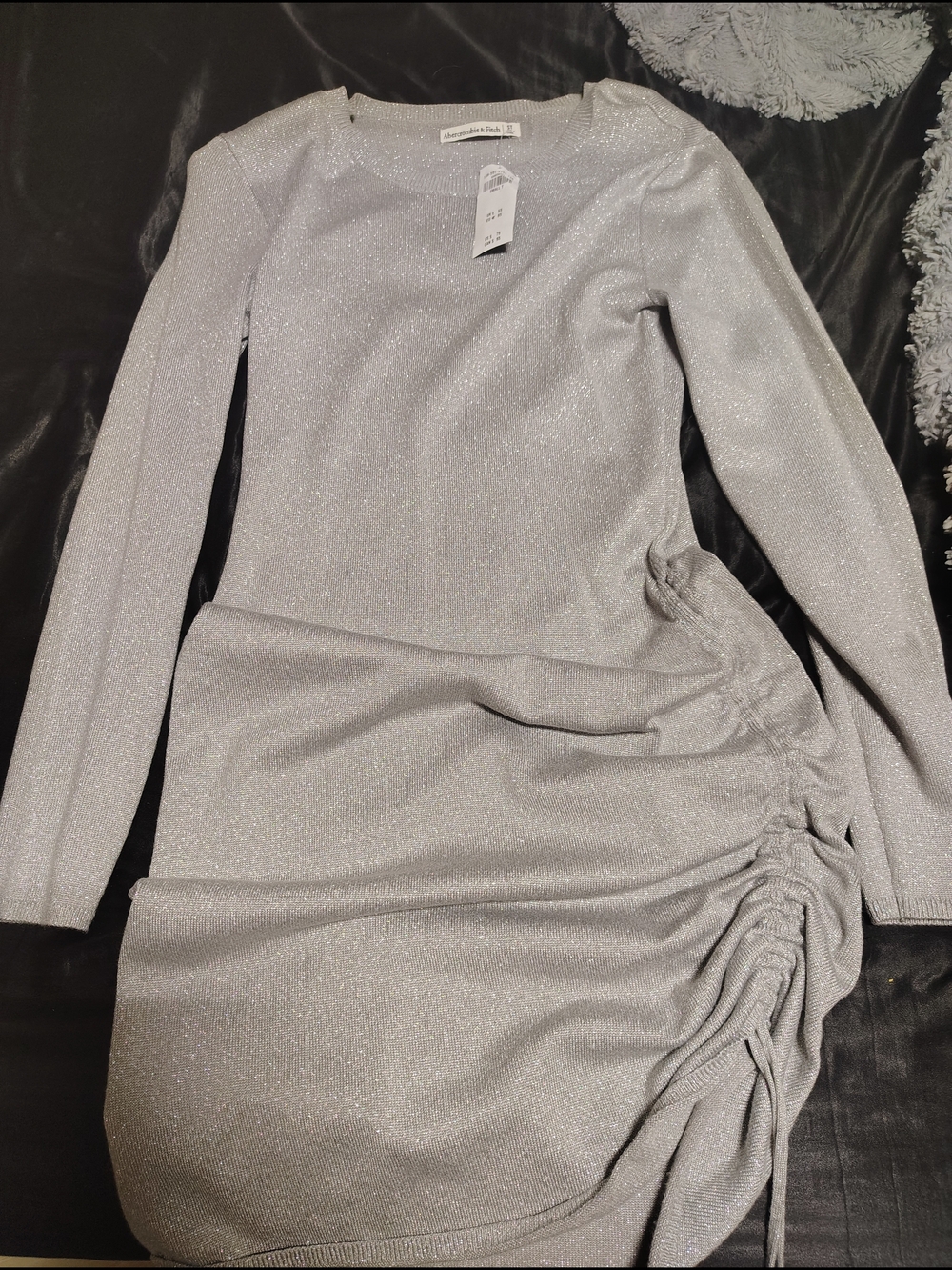 Abercrombie & Fitch Silver Sparkle Long-Sleeve Ruched Midi Dress